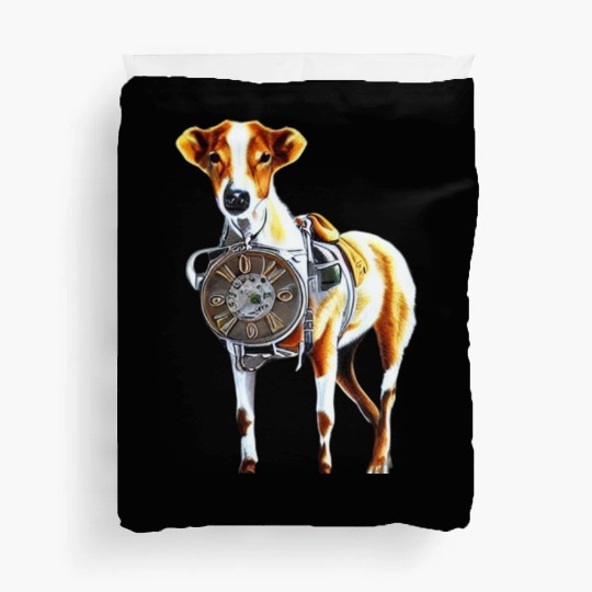Brown White Greyhound Dog With Old Looking Clock Duvet Covers