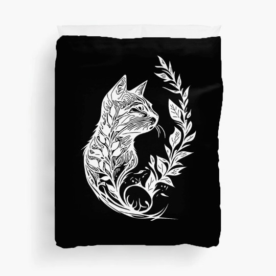 Cute Little Cat In Nature Tattoo Style Duvet Covers