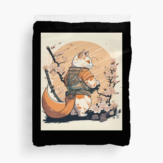 samurai katana cat vintage Duvet Covers