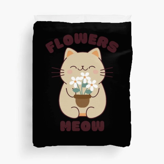 Kawaii cat and flowers, meow! Duvet Covers