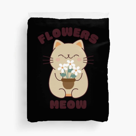 Kawaii cat and flowers, meow! Duvet Covers