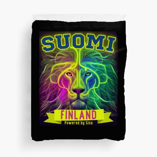 Neon Suomi Finland Lion powered by Sisu Duvet Covers