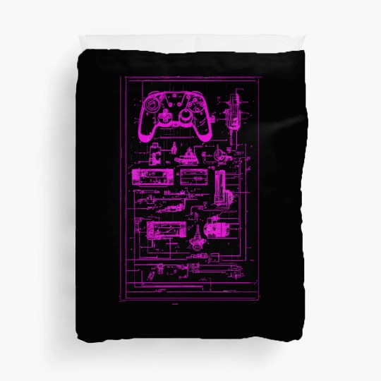 Neon Pink Video Game Controller Blueprint Duvet Covers