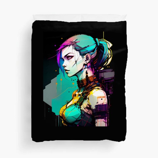 Bold and Beautiful Cyberpunk Girl with Teal Hair Duvet Covers