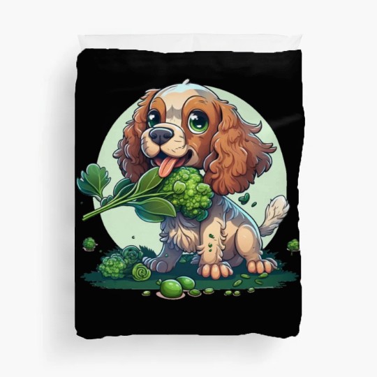 Cute dog eats green broccoli vegetables Duvet Covers