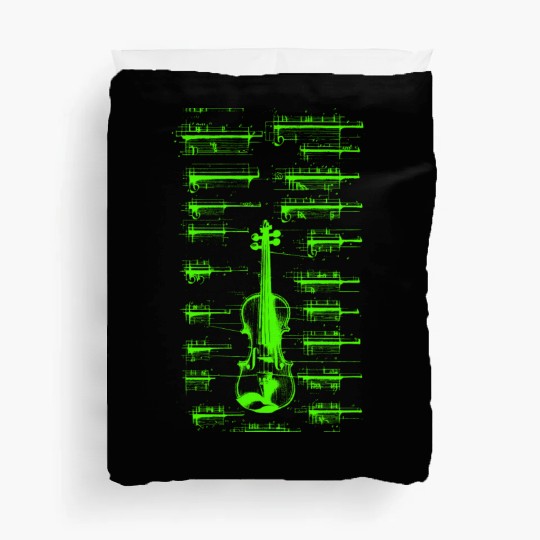 Green Da Vinci Violin Instrument Blueprint Duvet Covers