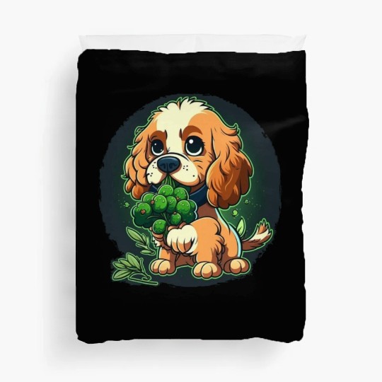 Cute dog eats green broccoli vegetables Duvet Covers