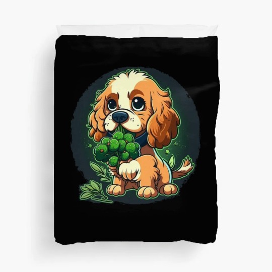 Cute dog eats green broccoli vegetables Duvet Covers