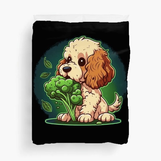 Cute dog eats green broccoli vegetables Duvet Covers