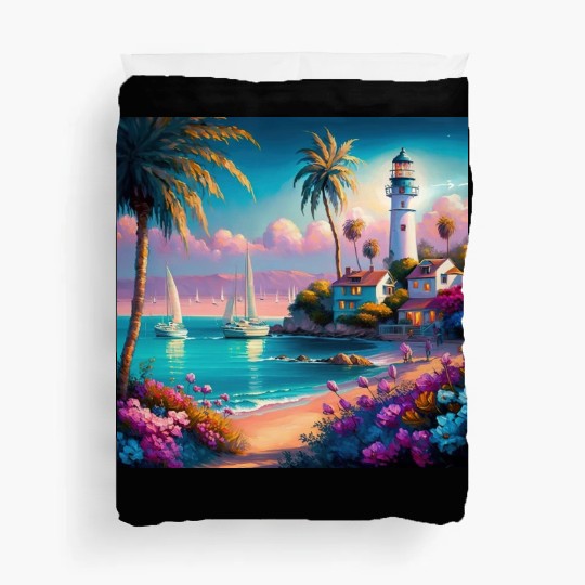 Colorful Tropical Island Beach Sunset Lighthouse Duvet Covers