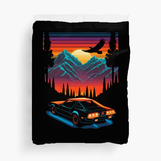1980s Muscle Car and Retro Neon Mountain Sunset Duvet Covers