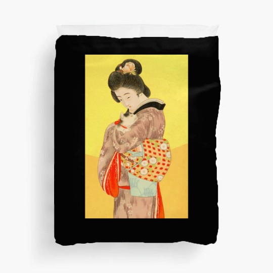 Geisha in Kimono with Cat Retro art Duvet Covers