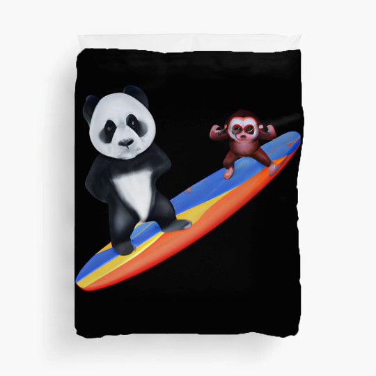 Surfing panda and monkey Duvet Covers