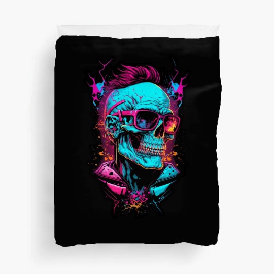 Hipster retro 80s skull neon trend punk metal rock Duvet Covers