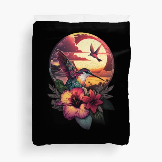 Hummingbird flies over hibiscus flower Tropical Duvet Covers