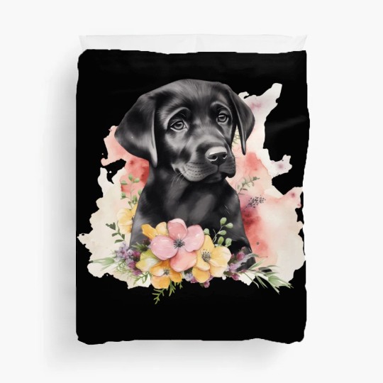 Black Lab Dog Watercolor Floral Duvet Covers
