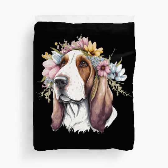 Cute Basset Hound Flower Crown Pet Dog Breed Flora Duvet Covers