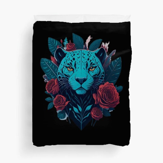 cute jaguar with red flowers Duvet Covers