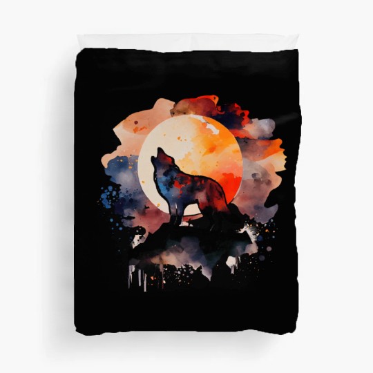 Wolf Howling at Moon Watercolor Duvet Covers