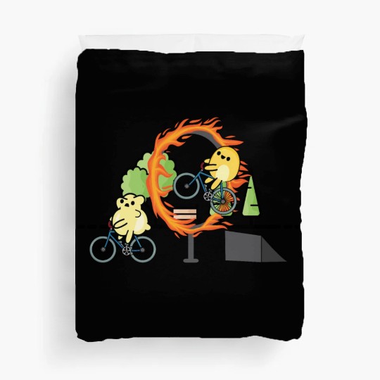 Cute popcorn doing stunts with bicycle Duvet Covers