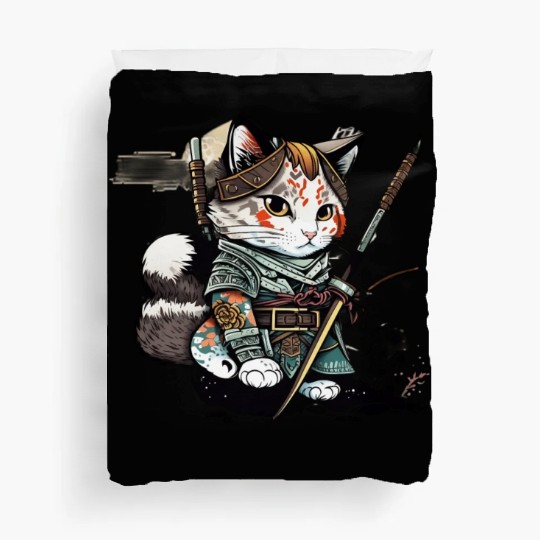 The Fearless Samurai Cat: A Sword's Master Duvet Covers