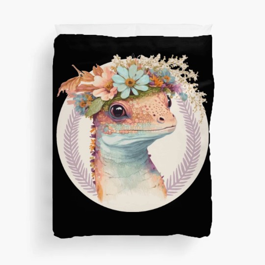 Cute Watercolor Gecko Reptile Flower Crown Boho Ae Duvet Covers