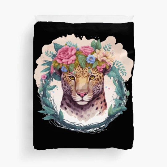 Jaguar Flower Crown Floral Watercolor Duvet Covers