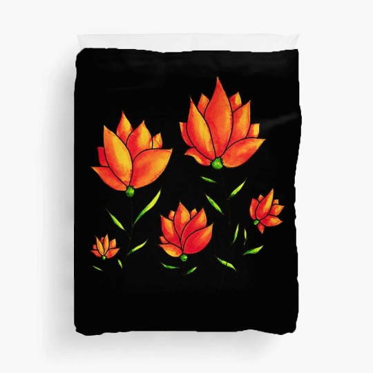 Orange Flowers In Green Spring Watercolor Duvet Covers