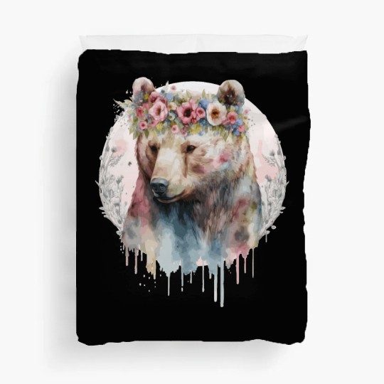 Artistic Watercolor Grizzly Bear Flower Crown Boho Duvet Covers