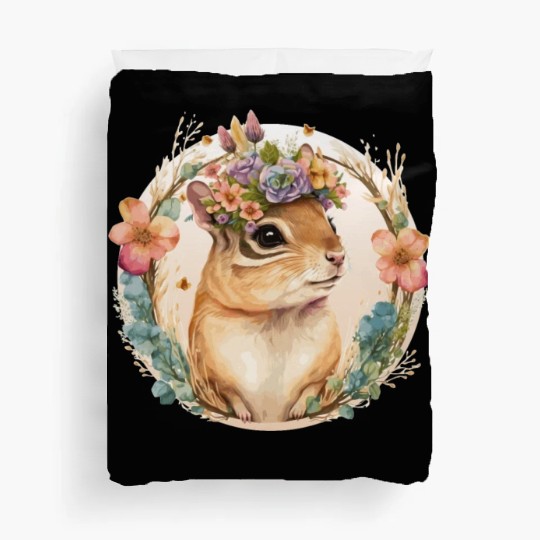Cute Watercolor Chipmunk Flower Crown Floral Roden Duvet Covers
