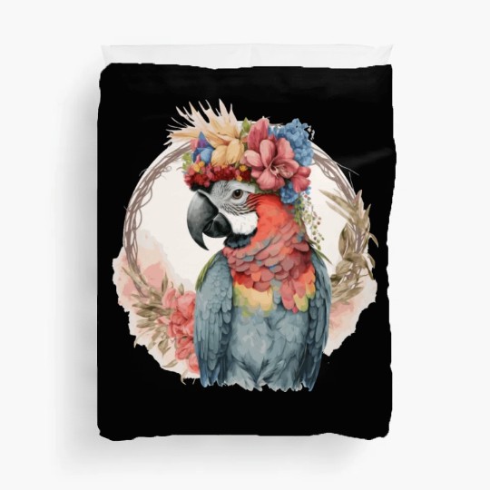 Colorful Parrot Watercolor Macaw Bird Flower Crown Duvet Covers