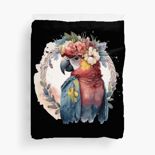 Watercolor Parrot Macaw Bird Flower Crown Pet Bird Duvet Covers