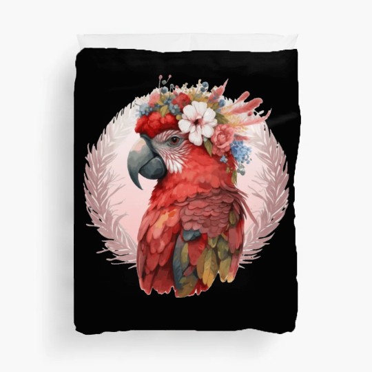 Red Scarlet Macaw Flower Crown Parrot Watercolor B Duvet Covers