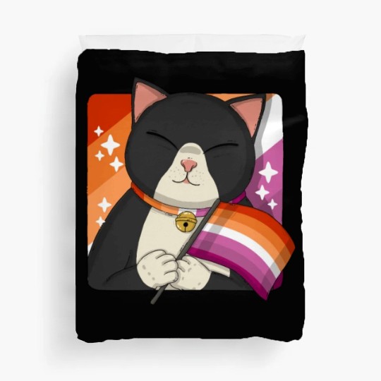 Cute Tuxedo Cat Holding Lesbian Pride Flag Duvet Covers