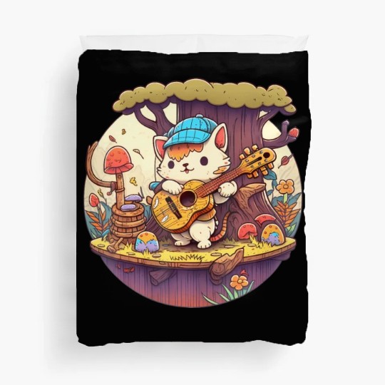 Cute Kawaii Cat Playing Guitar Banjo On Log Duvet Covers