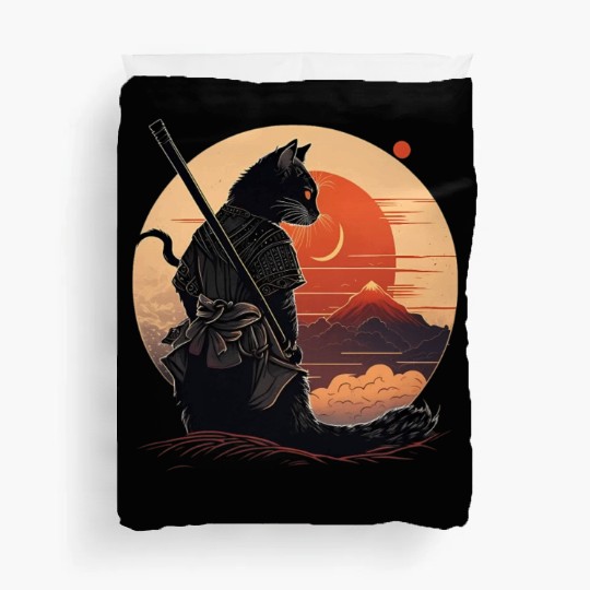 Vintage Japanese Sunset Style And Samurai Cat Kitt Duvet Covers