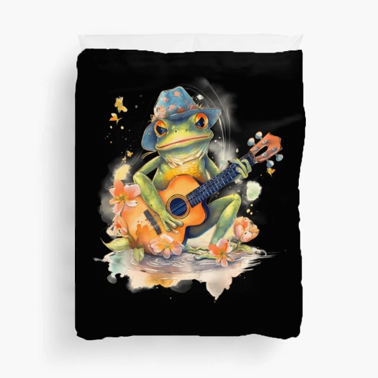 Cottagecore Aesthetic Frog Playing Banjo Guitar Duvet Covers