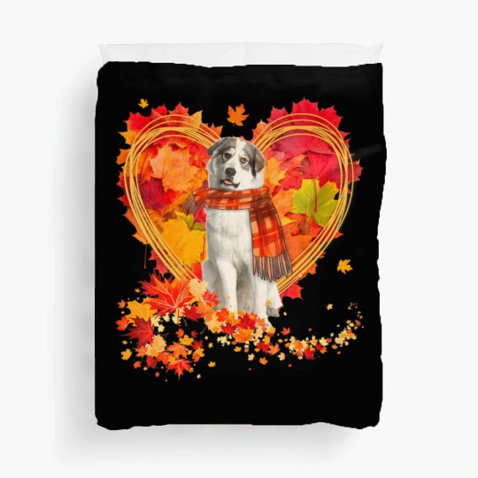Great Pyrenees With Heart Made Of Autumn Leaves Duvet Covers