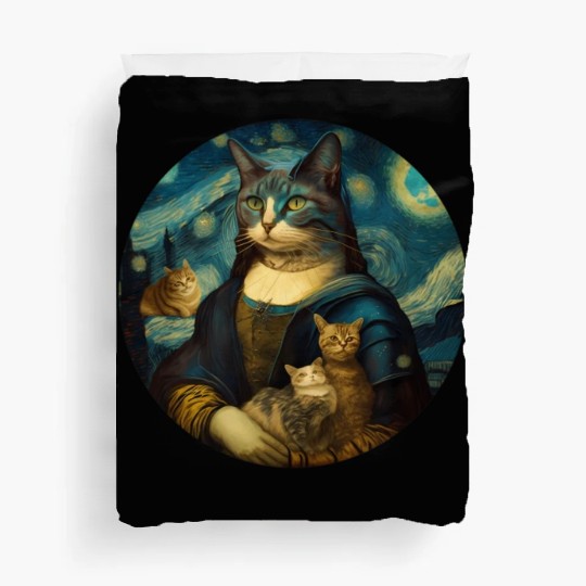 Mona Lisa With Cats Starry Night Van Gogh Painting Duvet Covers