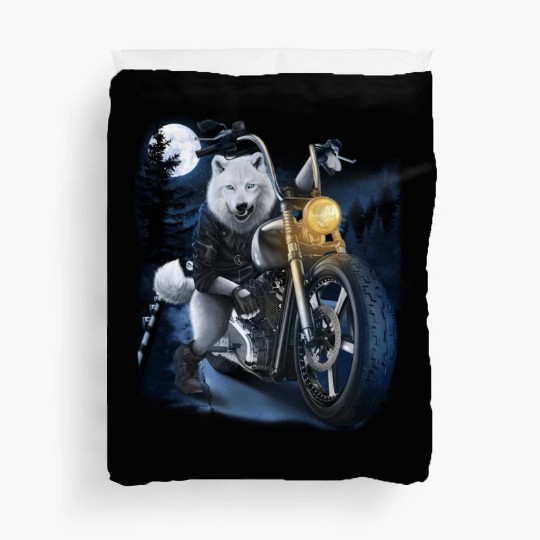 Wolf Riding Chopper Motorcycle In Full Moon Duvet Covers
