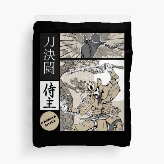 Katana Samurai Vs Ninja Warrior Comic Strip style Duvet Covers
