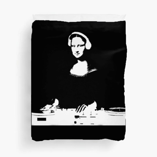 Dj Mona Lisa with Dj Headphone behind a dj table Duvet Covers