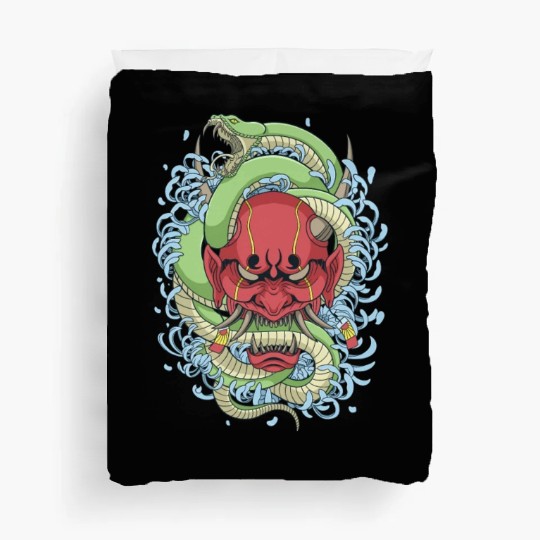 Japanese oni mask with peony flower and greem snak Duvet Covers