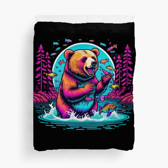 Joyful Bear Fishing in River Duvet Covers