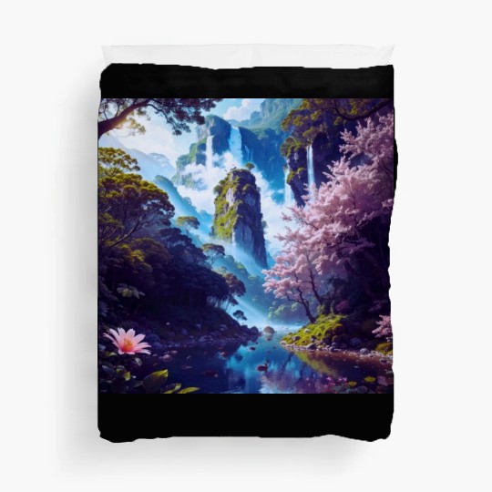 Waterfall in Forest with Pink Flowers and Ducks Duvet Covers