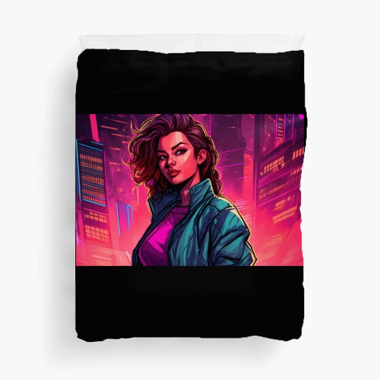 Girl in front of a Neon Pink Cityscape Duvet Covers