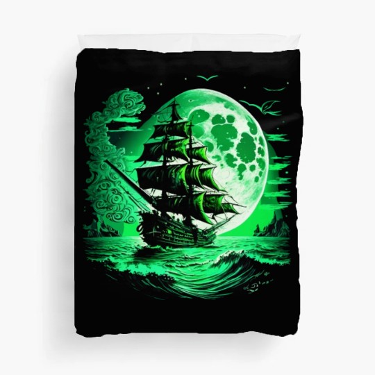 Historical Sailing Ship At Full Moon. Duvet Covers