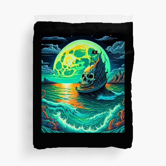 Pirate Ship With A Skull At Full Moon Duvet Covers