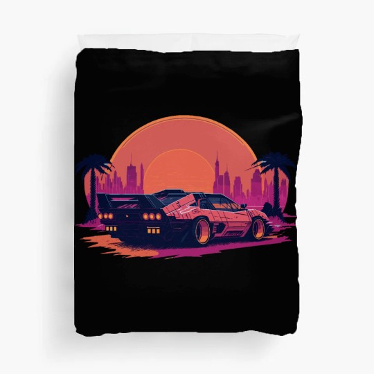 Cyberpunk car in sunset cityscape Duvet Covers