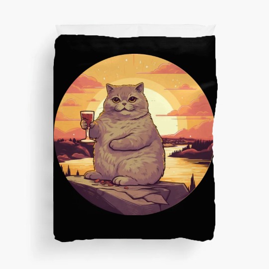Fat Cat with Red Wine Glass, Humorous Animal Duvet Covers